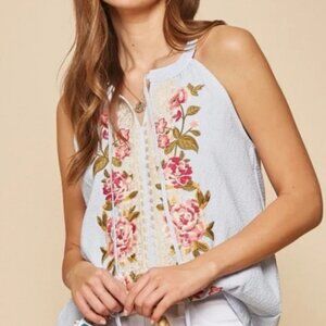 Savanna Jane Embroidered Floral Stripe Sleeveless Tassels Top